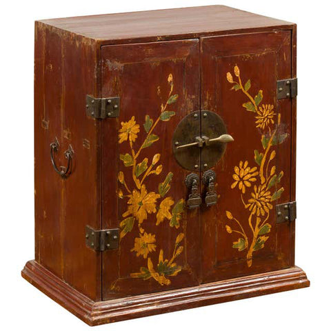 Chinese Qing Dynasty 19th Century Side Cabinet with Painted Floral Decor-YN6829-1. Asian & Chinese Furniture, Art, Antiques, Vintage Home Décor for sale at FEA Home