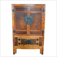 19th Century Chinese Antique Armoire with Burl Wood Panels and Brass Hardware