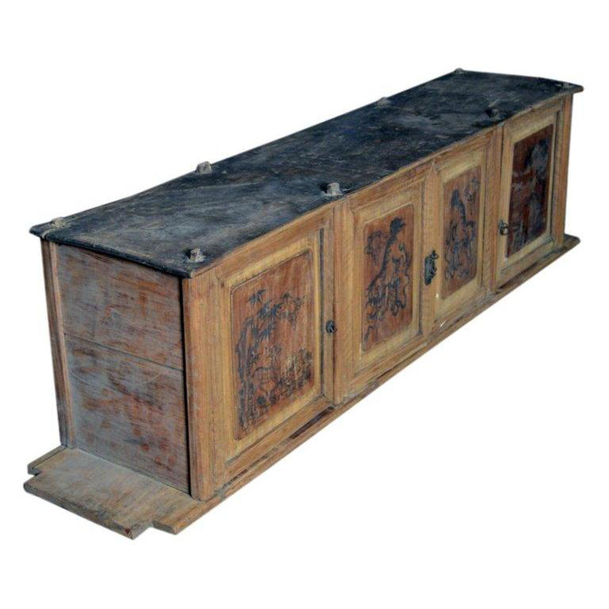 19th Century Chinese Four-Door Low Wooden Cabinet with Hand-Painted Scenes-5. Asian &amp; Chinese Furniture, Art, Antiques, Vintage Home Décor for sale at FEA Home