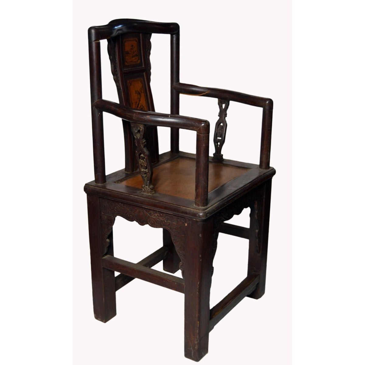 19th Century Chinese Hand-Carved Yumu Wood Armchair with Painted Scenes-6. Asian &amp; Chinese Furniture, Art, Antiques, Vintage Home Décor for sale at FEA Home