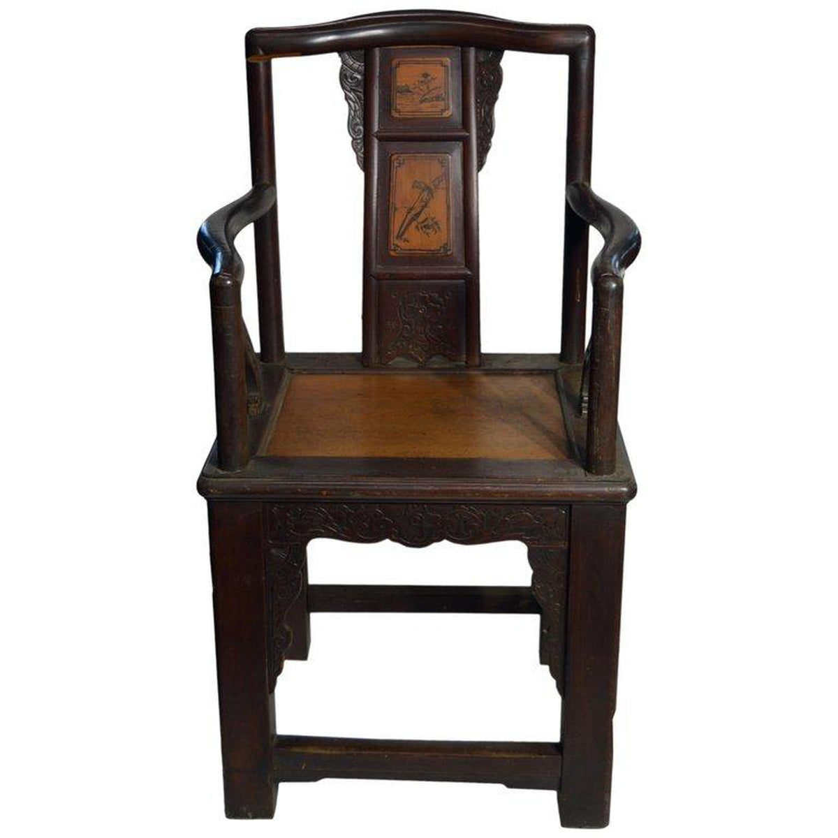 19th Century Chinese Hand-Carved Yumu Wood Armchair with Painted Scenes-1. Asian & Chinese Furniture, Art, Antiques, Vintage Home Décor for sale at FEA Home