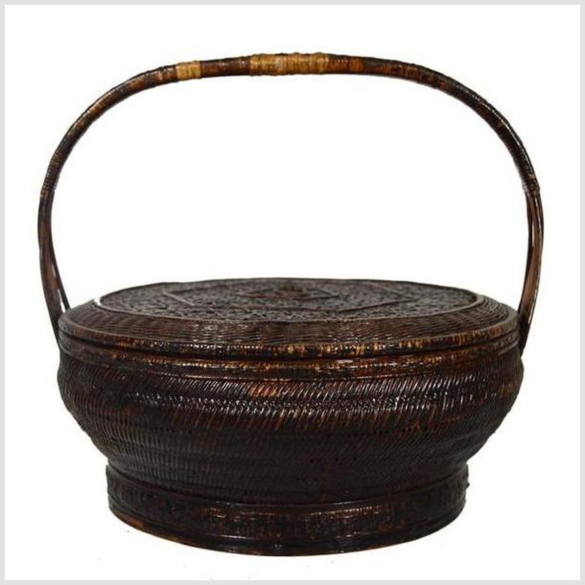 19th Century Chinese Handwoven and Painted Bamboo and Rattan Basket with Handle-2. Asian & Chinese Furniture, Art, Antiques, Vintage Home Décor for sale at FEA Home