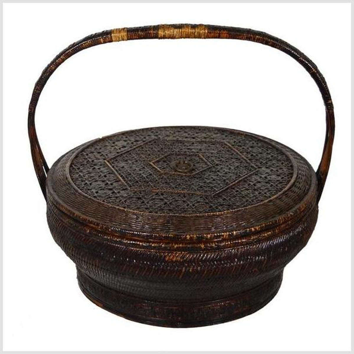 19th Century Chinese Handwoven and Painted Bamboo and Rattan Basket with Handle-1. Asian & Chinese Furniture, Art, Antiques, Vintage Home Décor for sale at FEA Home