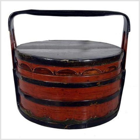 19th Century Chinese Two-Colored Bamboo and Wood Tiered Lunch Basket