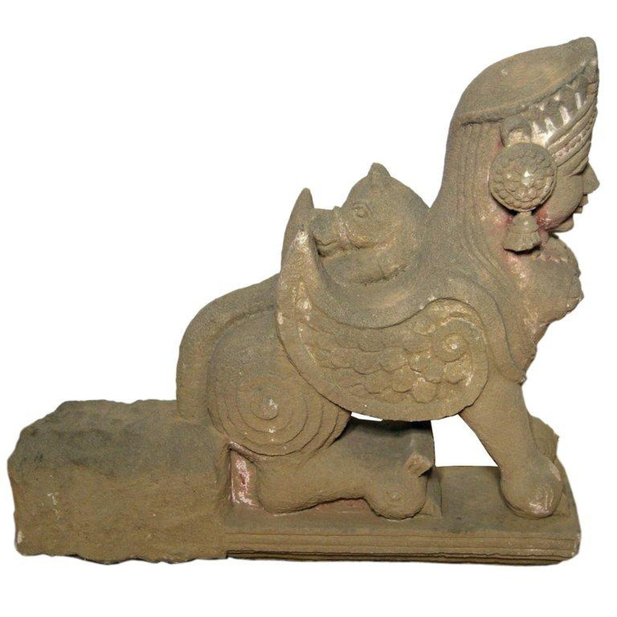 19th Century Hand-Carved Stone Sphinx Sculpture with Tiara and Earrings-1. Asian & Chinese Furniture, Art, Antiques, Vintage Home Décor for sale at FEA Home