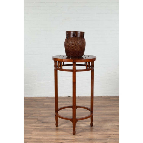 19th Century Indonesian Round Pedestal Table with Pierced Apron and Stretchers