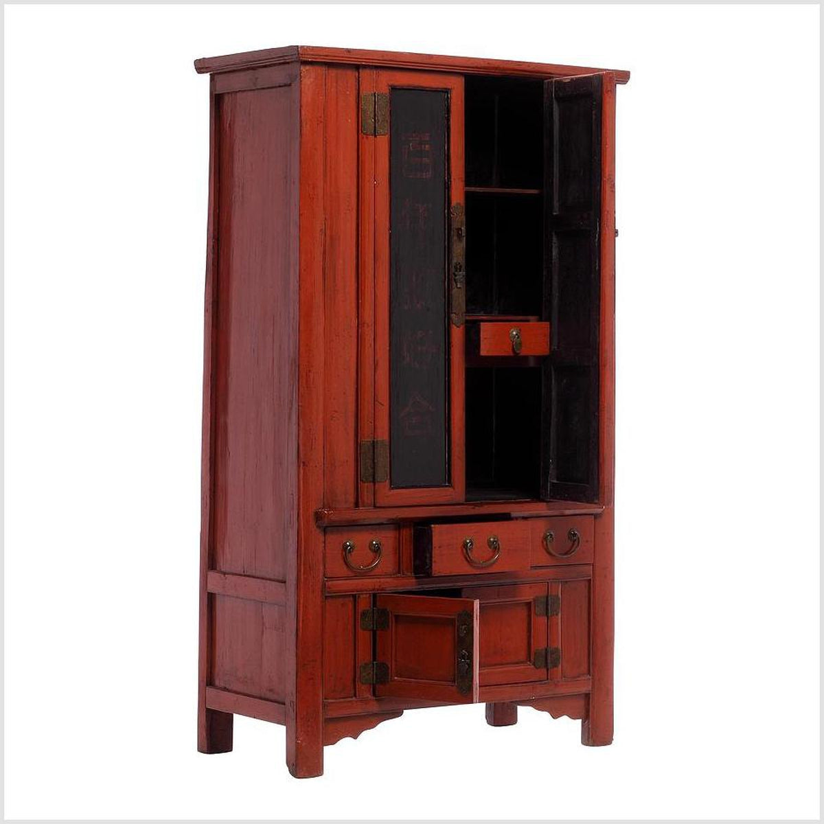 19th Century Red and Black Chinese Armoire with Calligraphy and Brass-2. Asian & Chinese Furniture, Art, Antiques, Vintage Home Décor for sale at FEA Home
