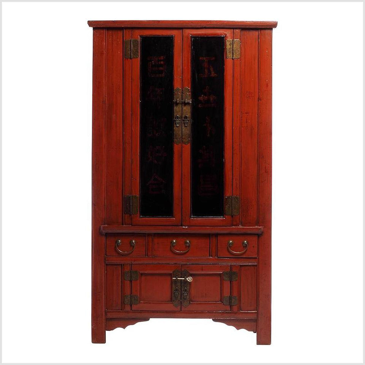 19th Century Red and Black Chinese Armoire with Calligraphy and Brass-1. Asian & Chinese Furniture, Art, Antiques, Vintage Home Décor for sale at FEA Home