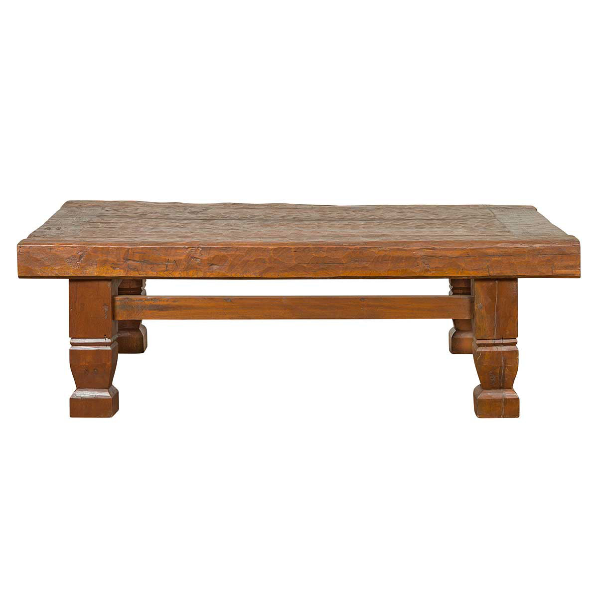 Primitive Wood Indonesian Coffee Table with Distressed Finish and Block Legs-1. Asian & Chinese Furniture, Art, Antiques, Vintage Home Décor for sale at FEA Home