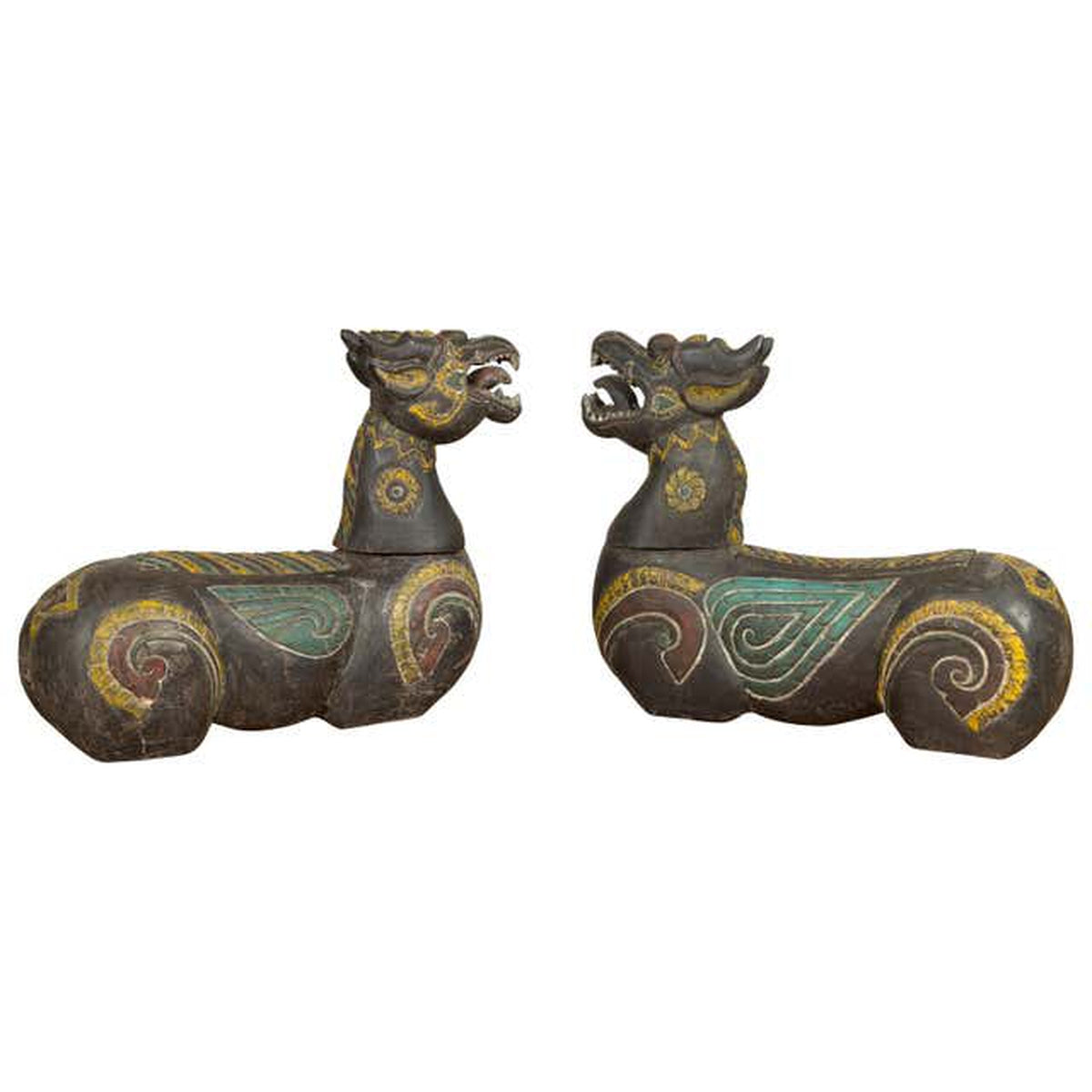 Pair of Antique Northern Thai Carved and Polychrome Mythical Guardian Animals-1. Asian & Chinese Furniture, Art, Antiques, Vintage Home Décor for sale at FEA Home