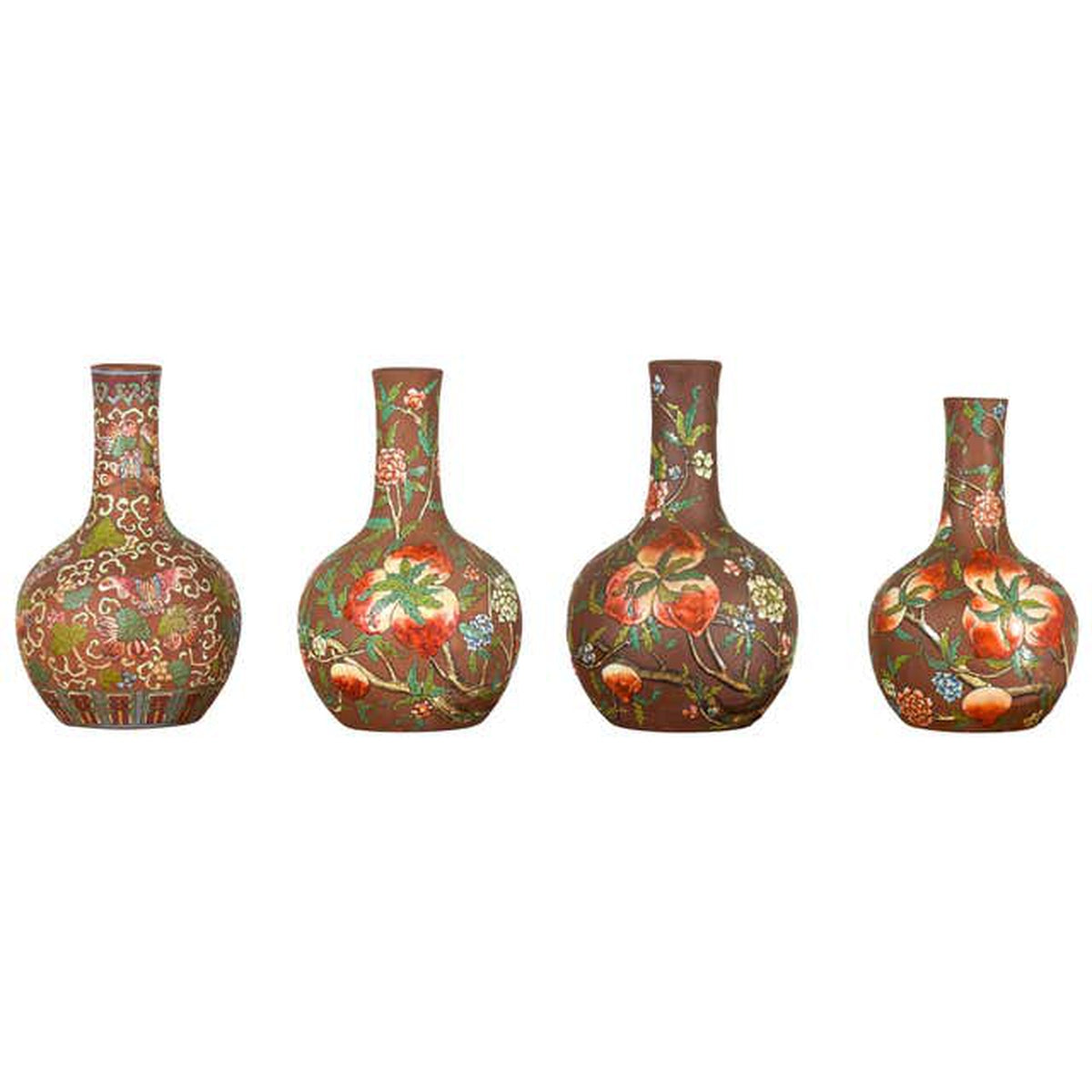 Vintage Chinese Kendi Shape Porcelain Vases with Raised Floral and Fruit Décor-1. Asian & Chinese Furniture, Art, Antiques, Vintage Home Décor for sale at FEA Home