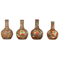 Vintage Chinese Kendi Shape Porcelain Vases with Raised Floral and Fruit Décor- Asian Antiques, Vintage Home Decor & Chinese Furniture - FEA Home