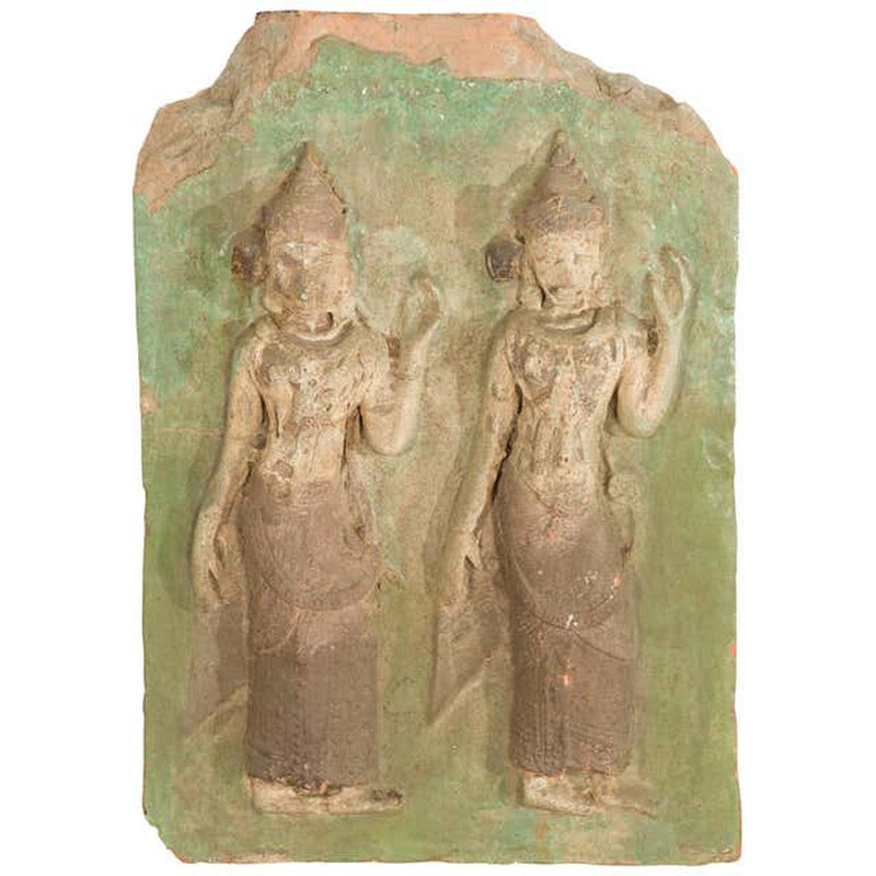 Thai Carved Stone Green Painted Temple Wall Plaque Depicting Ceremonial Dancers-YN5002-1. Asian & Chinese Furniture, Art, Antiques, Vintage Home Décor for sale at FEA Home