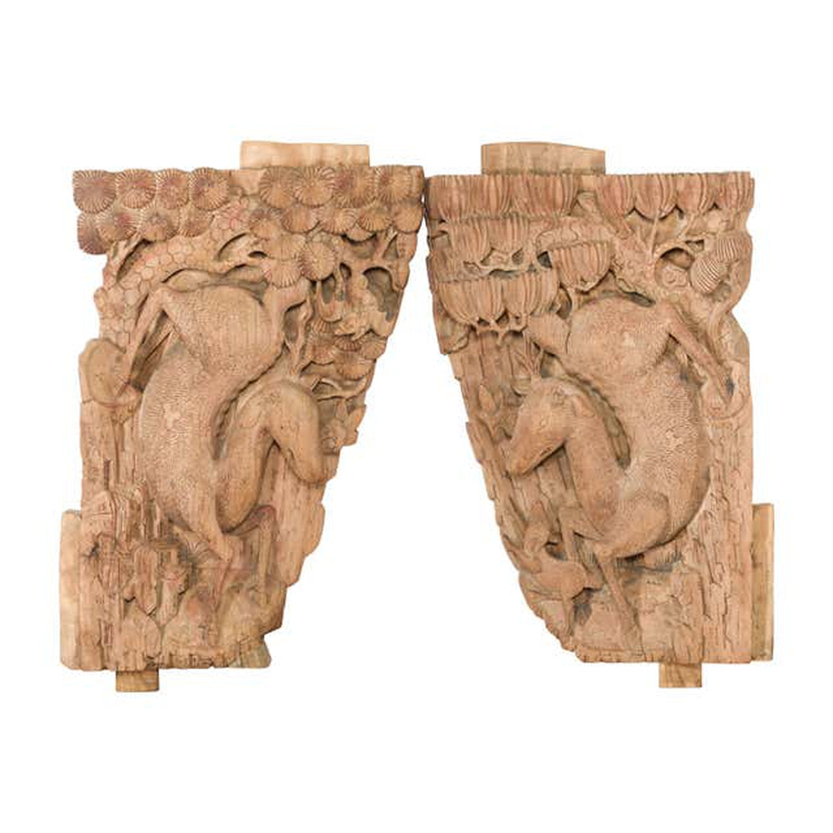 Pair of Qing Dynasty Hand-Carved Wooden Temple Corbels with Deer Motifs-1. Asian & Chinese Furniture, Art, Antiques, Vintage Home Décor for sale at FEA Home
