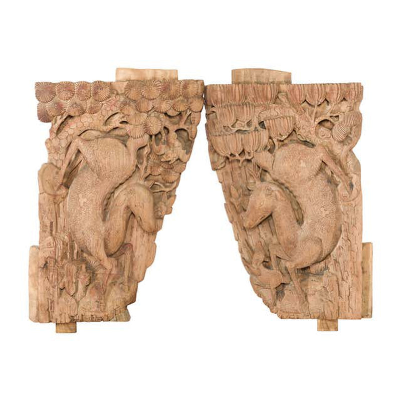 Pair of Qing Dynasty Hand-Carved Wooden Temple Corbels with Deer Motifs-YN7360-1. Asian & Chinese Furniture, Art, Antiques, Vintage Home Décor for sale at FEA Home