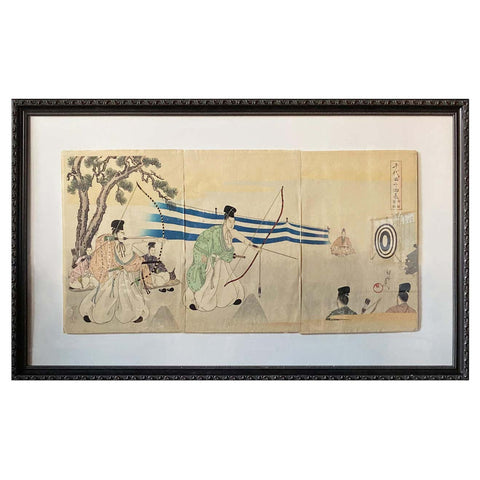 Japanese Meiji Chikanobu Toyohara Framed Woodblock Print with Archery Tournament
