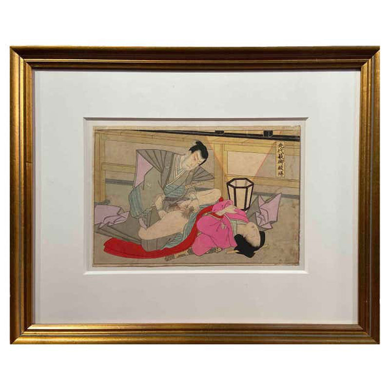 Antique Framed Japanese Shunga Woodblock Print of a Couple Making Love- Asian Antiques, Vintage Home Decor & Chinese Furniture - FEA Home