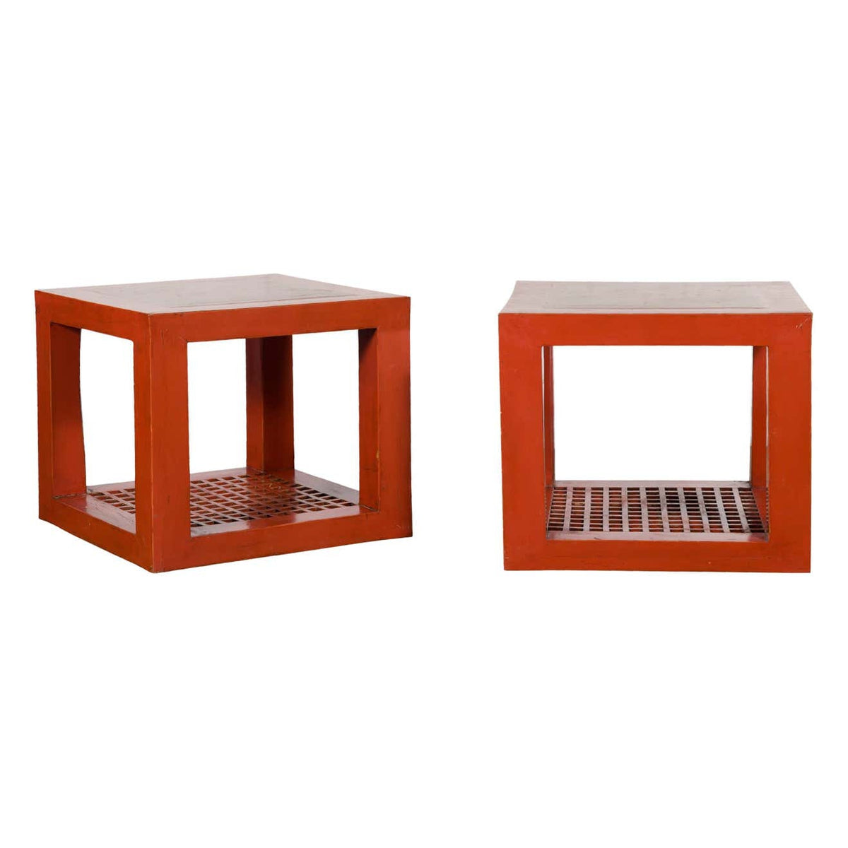 Pair of Chinese Red Lacquered Cube Side Tables with Ming Dynasty Marble Tops-1. Asian & Chinese Furniture, Art, Antiques, Vintage Home Décor for sale at FEA Home