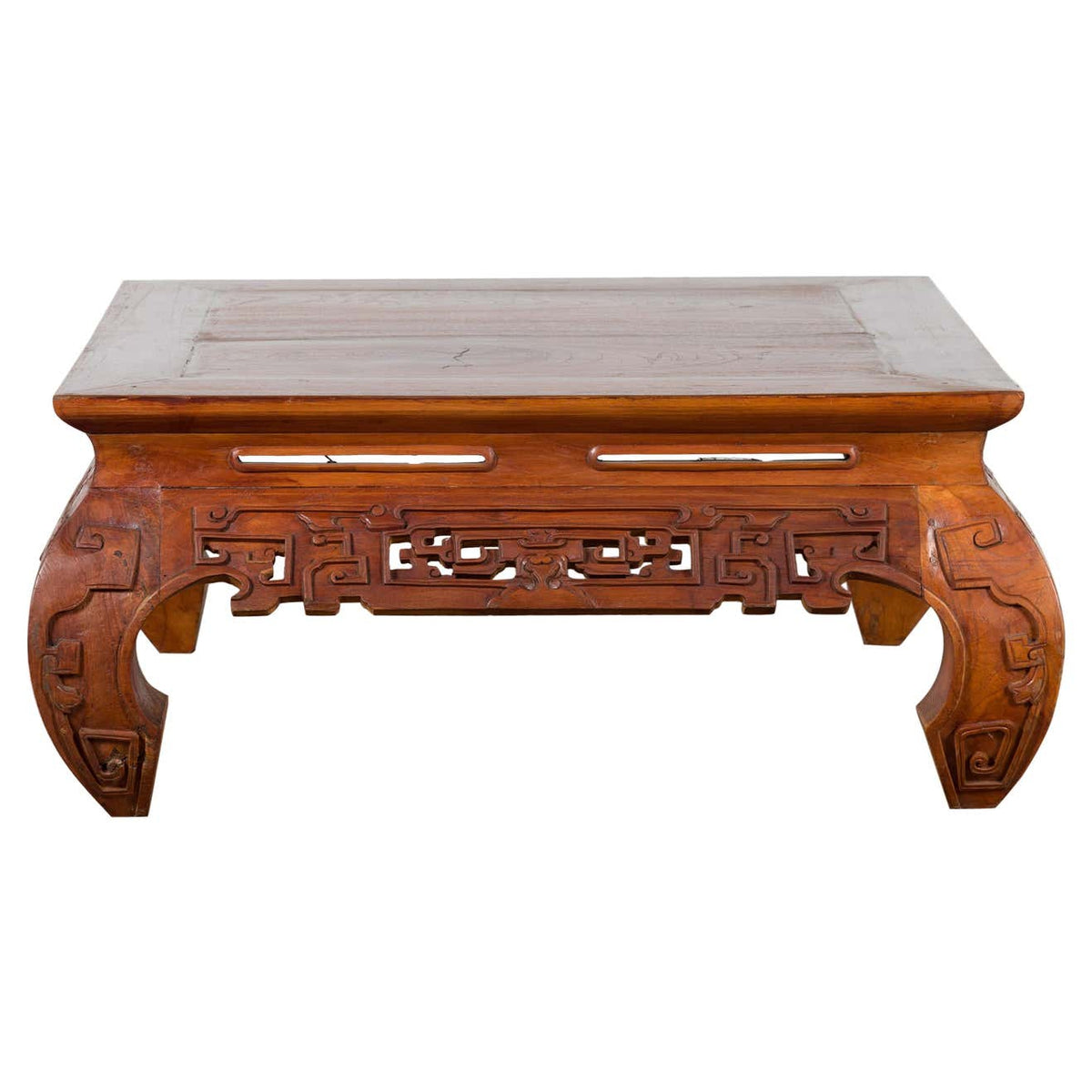 Small Vintage Indonesian Coffee Table with Scroll-Carved Apron and Chow Legs-1. Asian & Chinese Furniture, Art, Antiques, Vintage Home Décor for sale at FEA Home