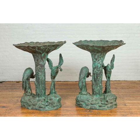 Contemporary Cast Bronze Planter with Cranes and Verdigris Patina