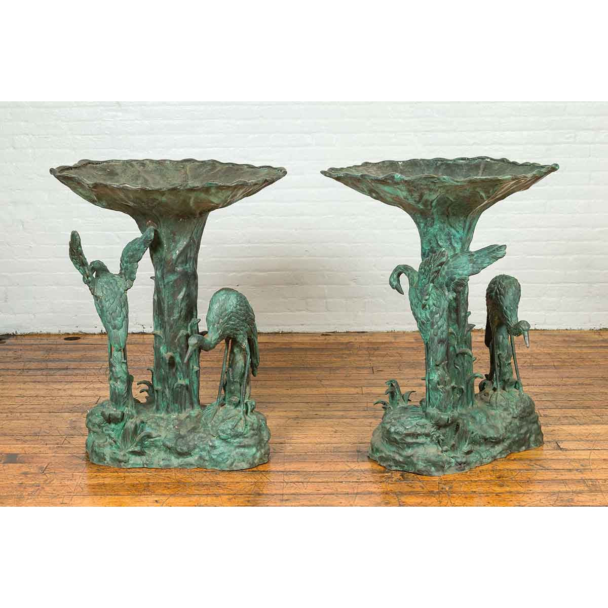 Contemporary Cast Bronze Planter with Cranes and Verdigris Patina-2. Asian & Chinese Furniture, Art, Antiques, Vintage Home Décor for sale at FEA Home