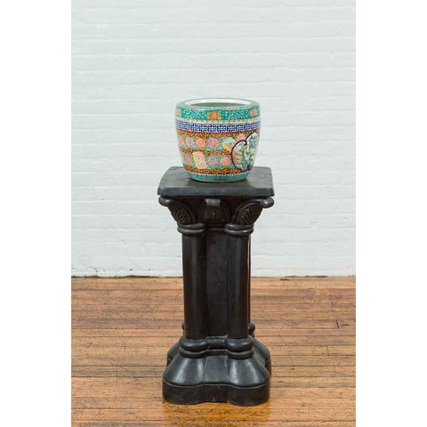 Greco-Roman Style Vintage Bronze Pedestal Base with Palmettes and Demi-Columns