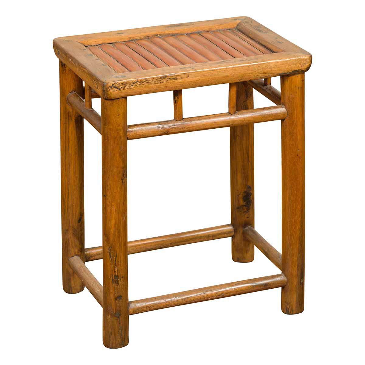 Antique Chinese Rustic Side Table with Bamboo Inset and Pillar-Shaped Struts-YN6825-1. Asian & Chinese Furniture, Art, Antiques, Vintage Home Décor for sale at FEA Home