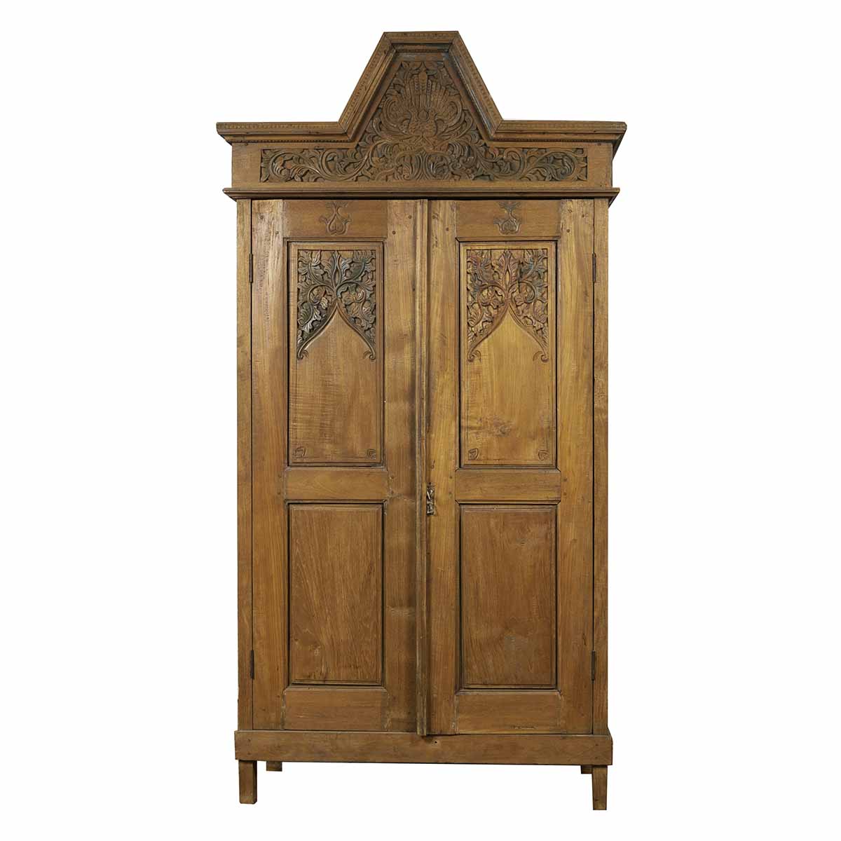 Antique Dutch Colonial Armoire with Low-Relief Carved Painted Birds and Foliage-1. Asian & Chinese Furniture, Art, Antiques, Vintage Home Décor for sale at FEA Home