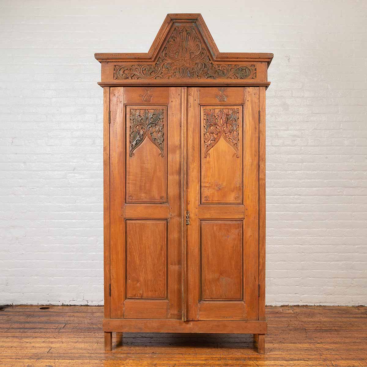 Antique Dutch Colonial Armoire with Low-Relief Carved Painted Birds and Foliage-2. Asian & Chinese Furniture, Art, Antiques, Vintage Home Décor for sale at FEA Home