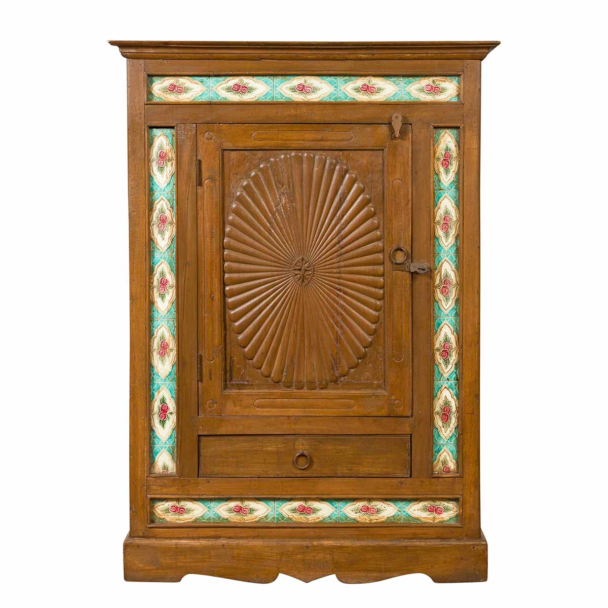 Indian Small Cabinet with Sunburst Design and Hand Painted Tiles with Rose Motif-1. Asian & Chinese Furniture, Art, Antiques, Vintage Home Décor for sale at FEA Home