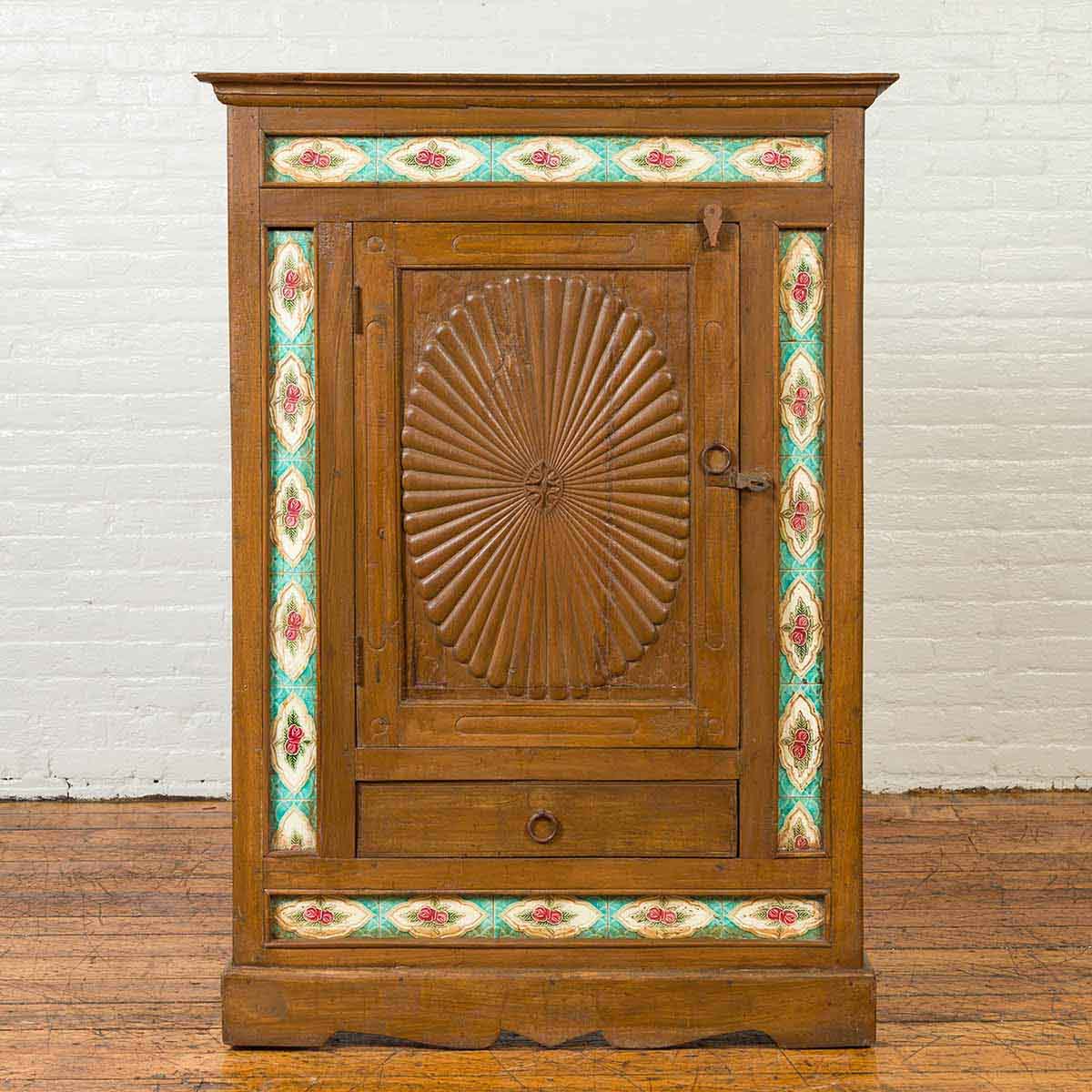 Indian Small Cabinet with Sunburst Design and Hand Painted Tiles with Rose Motif-2. Asian & Chinese Furniture, Art, Antiques, Vintage Home Décor for sale at FEA Home