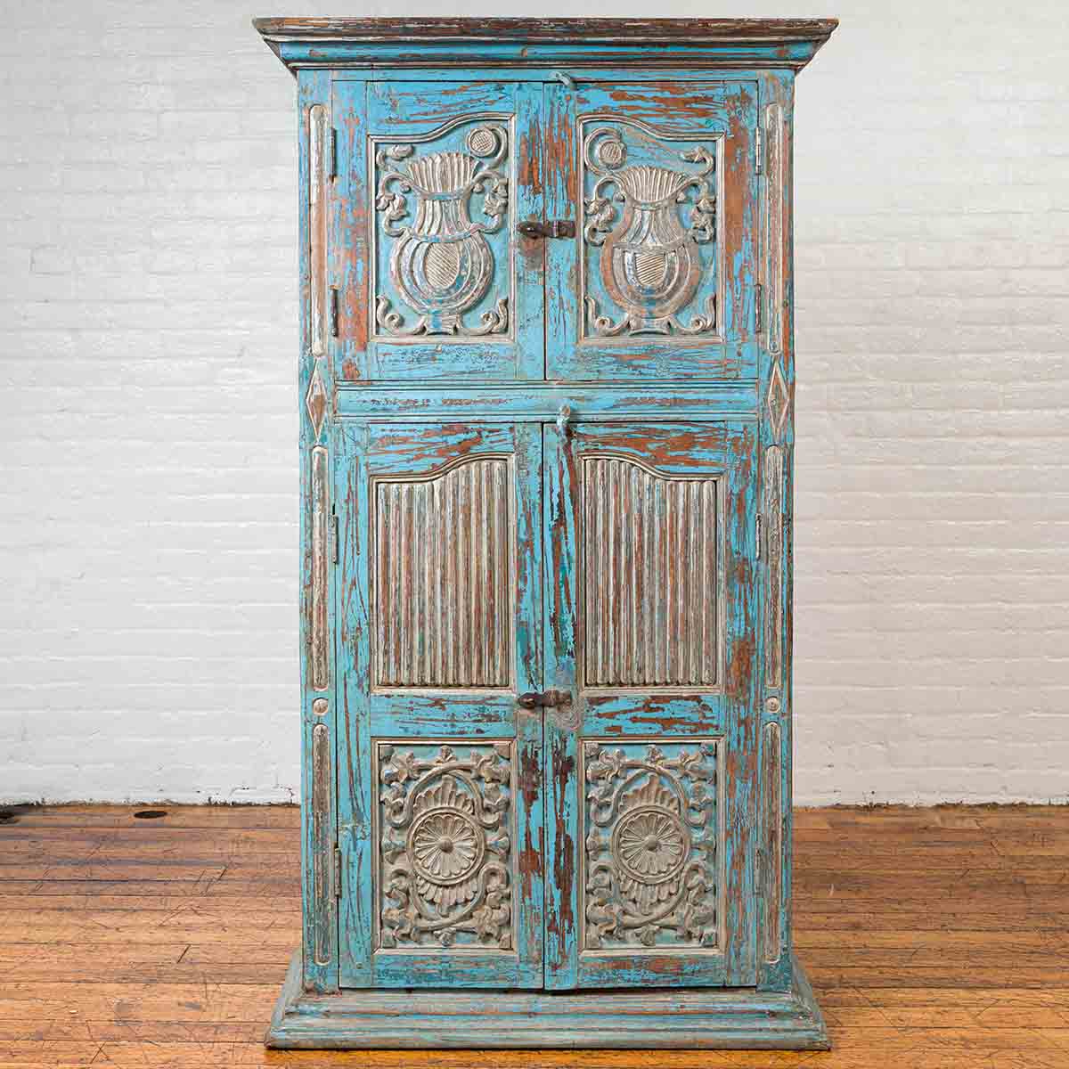 Antique Indian Distressed Wooden Cabinet with Hand Rubbed Blue Patina-2. Asian & Chinese Furniture, Art, Antiques, Vintage Home Décor for sale at FEA Home