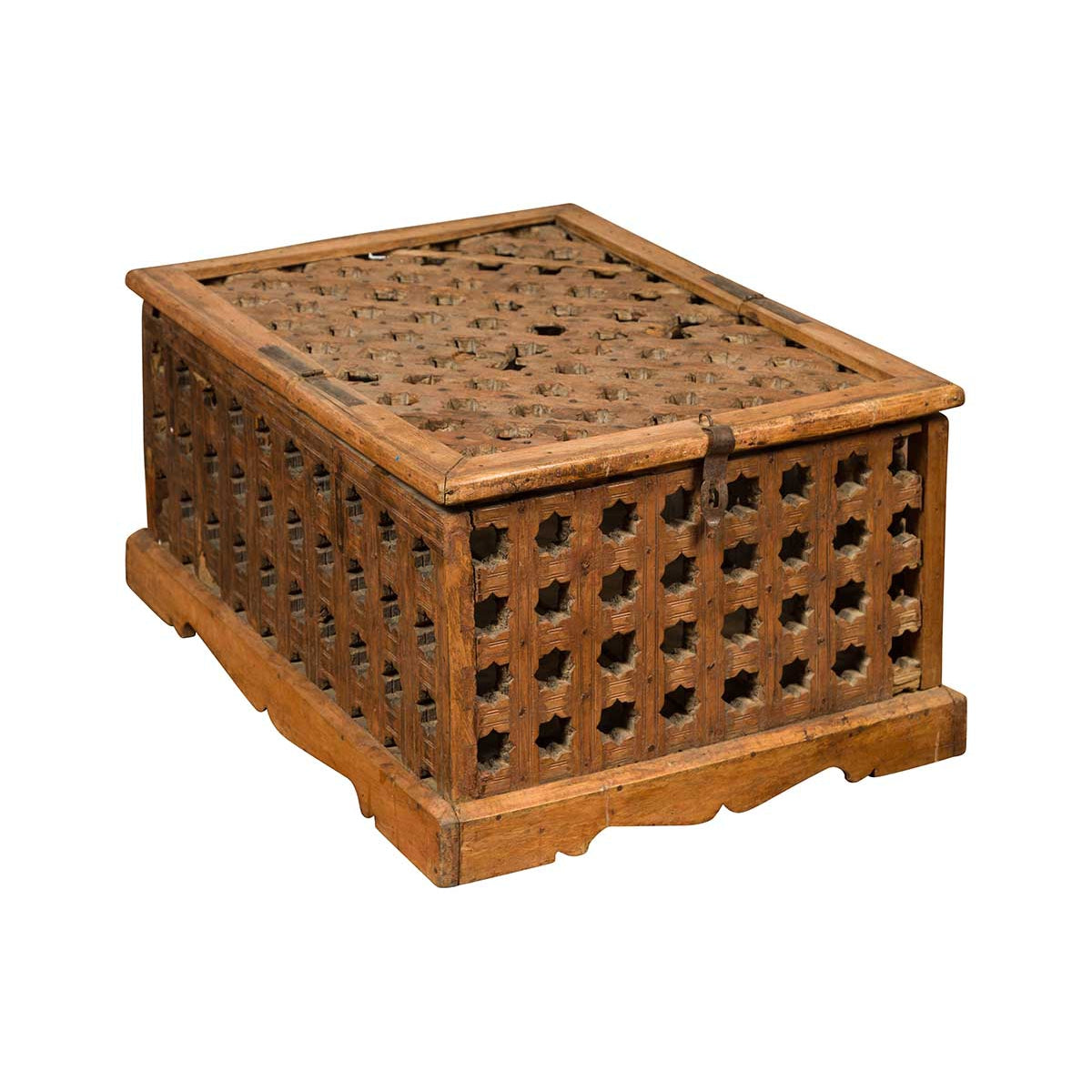 Rustic Indian Antique Food Box with Pierced Star Motifs and Bracketed Plinth-1. Asian & Chinese Furniture, Art, Antiques, Vintage Home Décor for sale at FEA Home