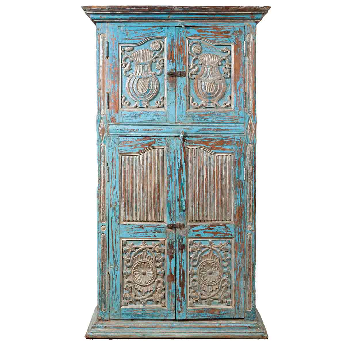 Antique Indian Distressed Wooden Cabinet with Hand Rubbed Blue Patina-1. Asian & Chinese Furniture, Art, Antiques, Vintage Home Décor for sale at FEA Home