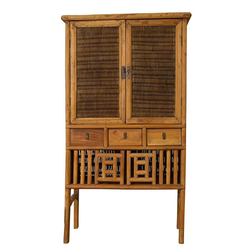 Indonesian Cabinet with Rattan Doors, Drawers and Fretwork Sliding Panels-YN6553-1. Asian & Chinese Furniture, Art, Antiques, Vintage Home Décor for sale at FEA Home