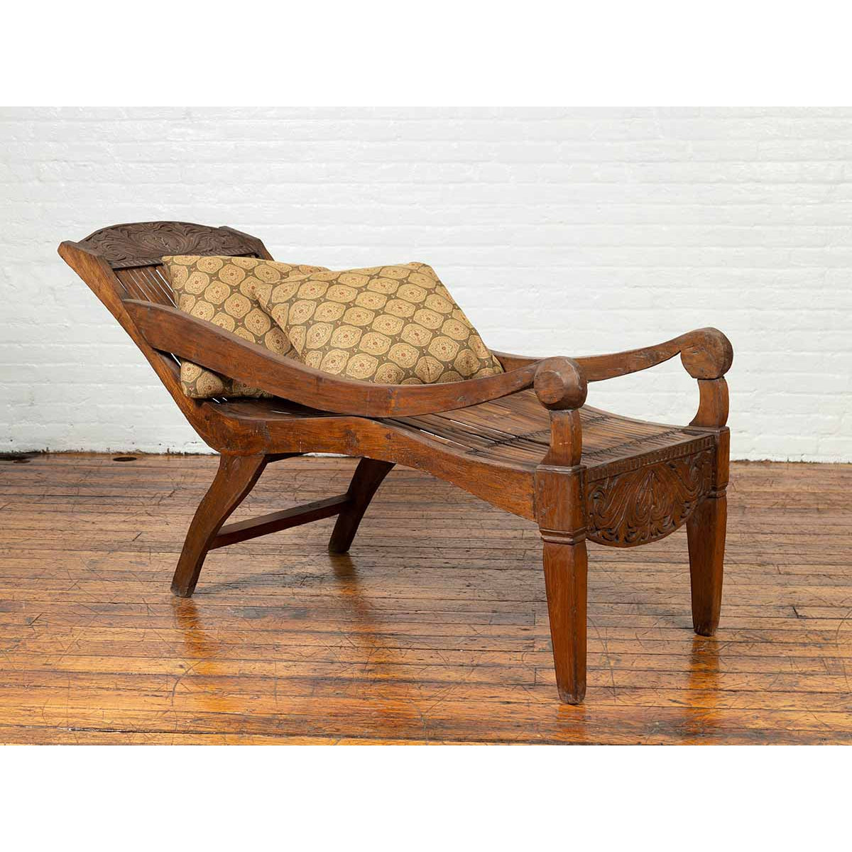Antique Indonesian Reclining Plantation Chair with Bamboo Slats and Carved Decor-9. Asian &amp; Chinese Furniture, Art, Antiques, Vintage Home Décor for sale at FEA Home