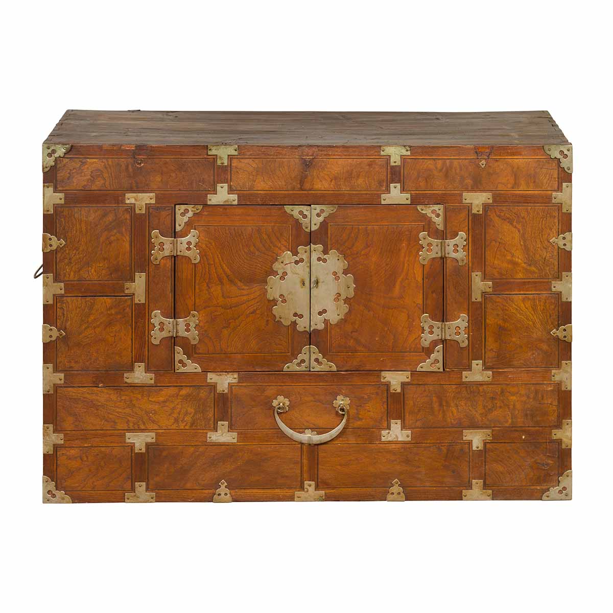 Korean Side Cabinet with Geometric Façade, Brass Hardware and Double Doors-1. Asian & Chinese Furniture, Art, Antiques, Vintage Home Décor for sale at FEA Home