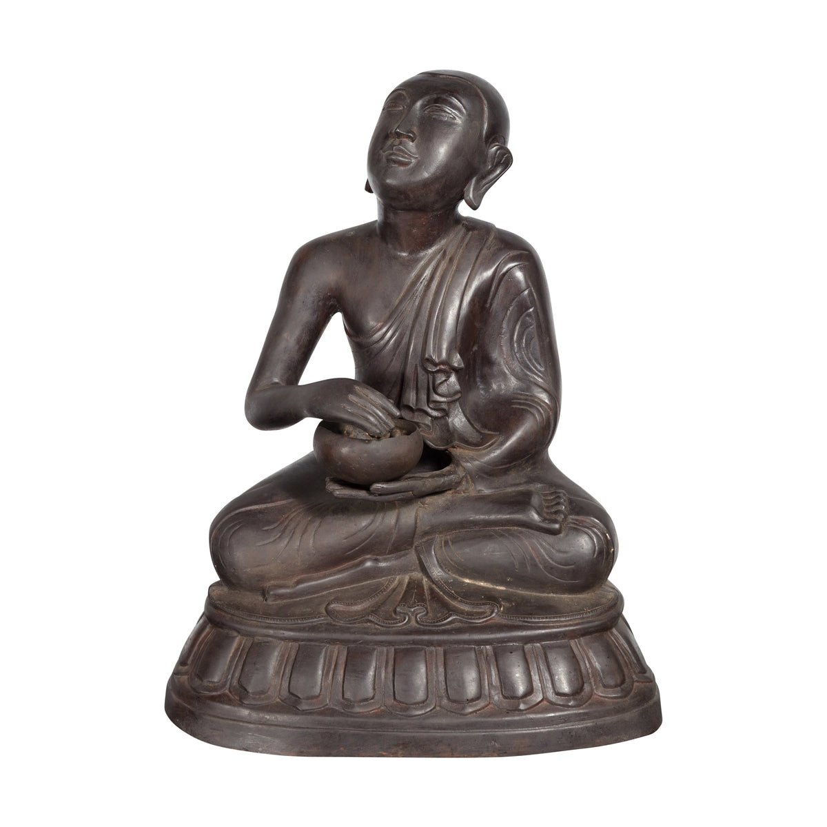 Bronze Lost Wax Sculpture Depicting a Praying Buddhist Monk with Offering Bowl-1. Asian & Chinese Furniture, Art, Antiques, Vintage Home Décor for sale at FEA Home