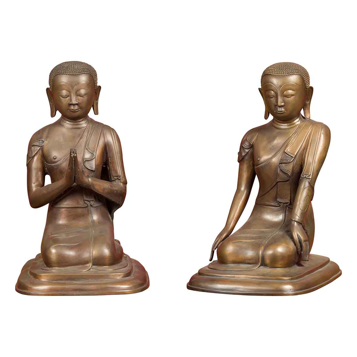 Pair of Burmese 20th Century Bronze Statues of Kneeling Buddhist Disciples-1. Asian & Chinese Furniture, Art, Antiques, Vintage Home Décor for sale at FEA Home