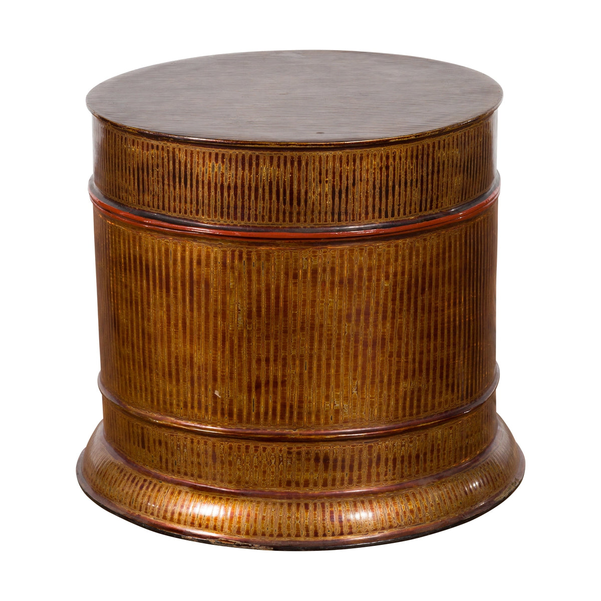 Burmese Vintage Negora Lacquer Circular Storage Bin with Vertical Stripes-2. Asian & Chinese Furniture, Art, Antiques, Vintage Home Décor for sale at FEA Home