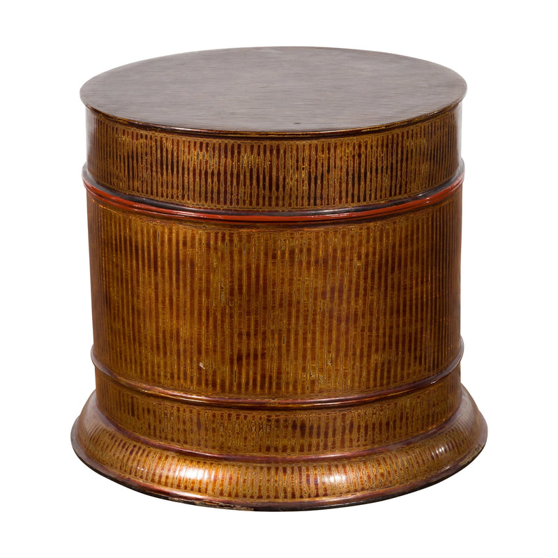 Burmese Vintage Negora Lacquer Circular Storage Bin with Vertical Stripes-YN7848-2. Asian & Chinese Furniture, Art, Antiques, Vintage Home Décor for sale at FEA Home