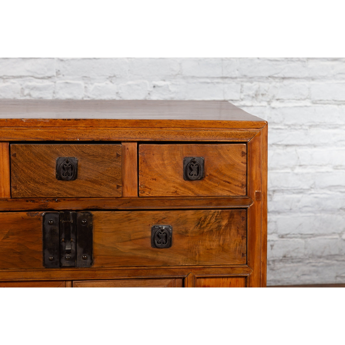 Chinese Late Qing Dynasty Elmwood Cabinet with Five Drawers over Two Doors-8. Asian &amp; Chinese Furniture, Art, Antiques, Vintage Home Décor for sale at FEA Home