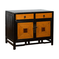 Chinese 1930s Art Deco Black Lacquer Two-Toned Side Cabinet with Bamboo Design