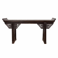 Antique Chinese Ming Style Altar Table with Carved Apron and Black Patina