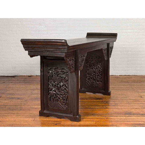 Antique Chinese Ming Style Altar Table with Carved Apron and Black Patina-YN6656-4. Asian & Chinese Furniture, Art, Antiques, Vintage Home Décor for sale at FEA Home