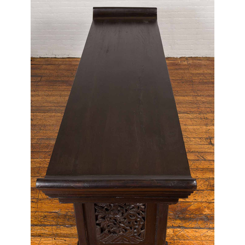 Antique Chinese Ming Style Altar Table with Carved Apron and Black Patina-YN6656-15. Asian & Chinese Furniture, Art, Antiques, Vintage Home Décor for sale at FEA Home