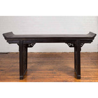 Antique Chinese Ming Style Altar Table with Carved Apron and Black Patina