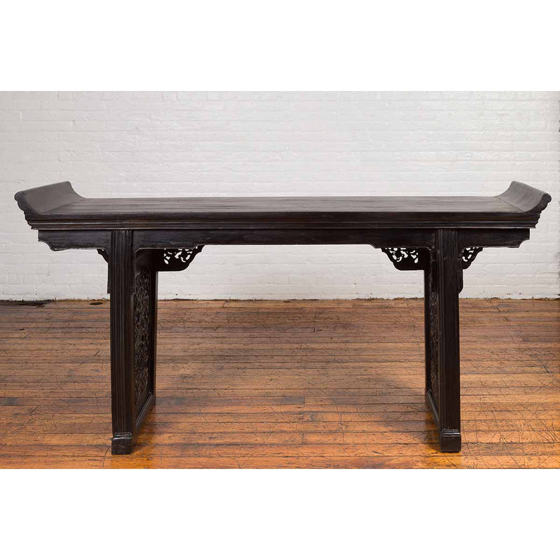 Antique Chinese Ming Style Altar Table with Carved Apron and Black Patina-YN6656-7. Asian & Chinese Furniture, Art, Antiques, Vintage Home Décor for sale at FEA Home