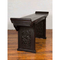 Antique Chinese Ming Style Altar Table with Carved Apron and Black Patina