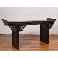 Antique Chinese Ming Style Altar Table with Carved Apron and Black Patina